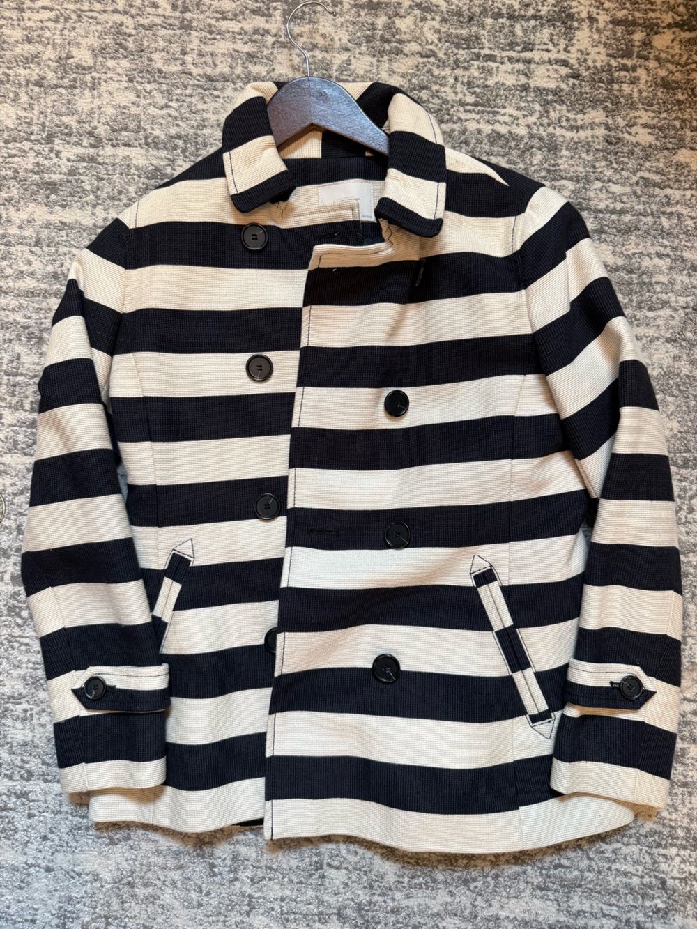 Loft Black and Cream Striped Peacoat Jacket